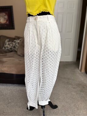 Nati Vozza High-Waist White Eyelet Cotton Pants